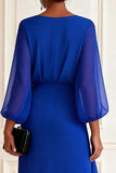 Floral Royal Blue Chiffon V Neck Asymmetrical Mother of the Bride Dress