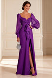 Purple Ruffled Floor Length Mother of the Bride Dress with Slit