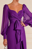 Purple Ruffled Floor Length Mother of the Bride Dress with Slit