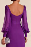Purple Ruffled Floor Length Mother of the Bride Dress with Slit