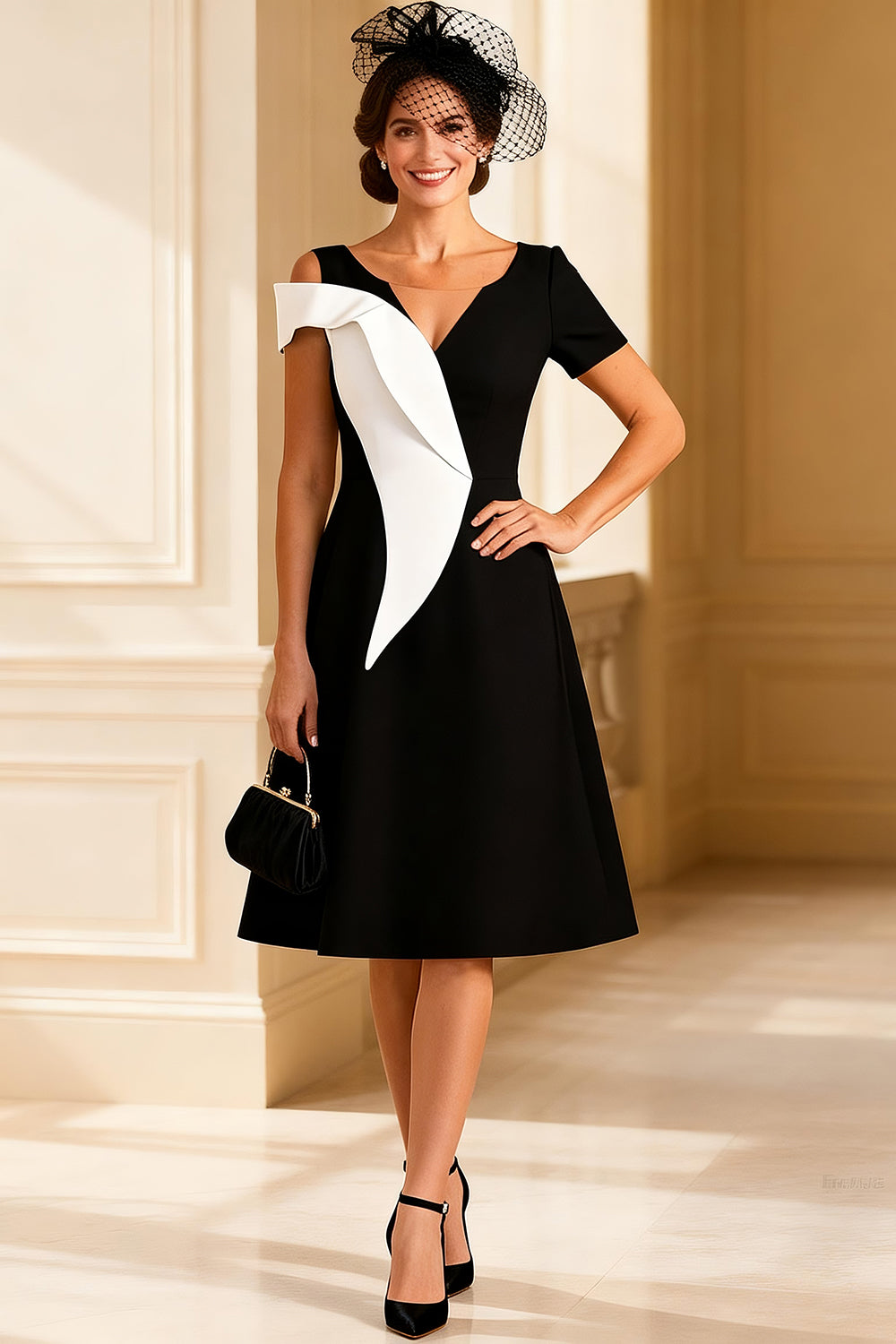 Leely Women Black and White Midi Mother of the Bride Dress V Neck A