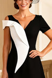 Black and White A Line V Neck Midi Mother of the Bride Dress