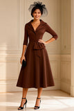 Chocolate Notched Lapel A Line Midi Mother of the Bride Dress with Sleeves