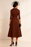 Chocolate Notched Lapel A Line Midi Mother of the Bride Dress with Sleeves