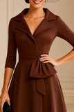 Chocolate Notched Lapel A Line Midi Mother of the Bride Dress with Sleeves