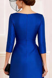 Royal Blue Bodycon Ruched Midi Mother of the Bride Dress with Slit