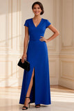 Royal Blue A-Line V-Neck Long Mother of the Bride Dress with Slit