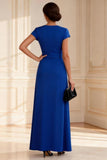 Royal Blue A-Line V-Neck Long Mother of the Bride Dress with Slit