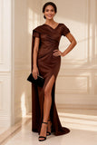 Chocolate Mermaid Ruched Long Mother of the Bride Dress with Side Cape