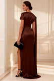 Chocolate Mermaid Ruched Long Mother of the Bride Dress with Side Cape