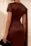 Chocolate Mermaid Ruched Long Mother of the Bride Dress with Side Cape