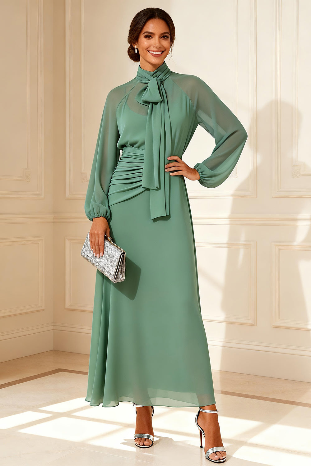 Leely Women Sage Green Chiffon Long Mother of the Bride Dress A Line