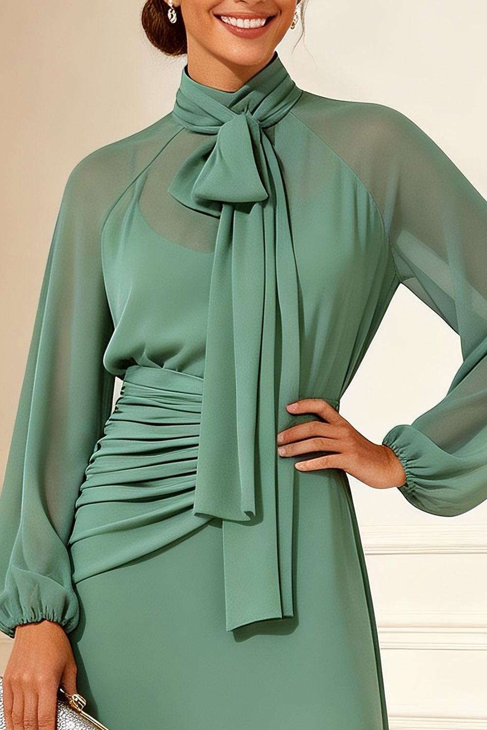 Leely Women Sage Green Chiffon Long Mother of the Bride Dress A Line