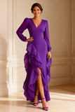 Purple Ruffled Asymmetrical Mother of the Bride Dress with Slit