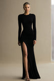 Simple Black Sheath Satin Long Formal Dress with Slit