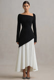 Black and White Asymmetrical Neck Sheath Long Sleeves Formal Dress