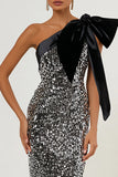 Sparkly Light Grey Sequin One Shoulder Long Formal Dress with Bow