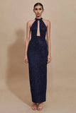Sparky Sequin Navy Sheath Long Formal Dress with Keyhole