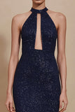 Sparky Sequin Navy Sheath Long Formal Dress with Keyhole