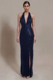 Sparky Navy Halter Neck Sequin Sheath Long Formal Dress with Slit