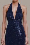Sparky Navy Halter Neck Sequin Sheath Long Formal Dress with Slit