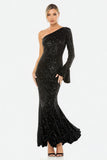 Sparkly Black Sequin One Shoulder Long Formal Dress with Sleeves
