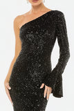 Sparkly Black Sequin One Shoulder Long Formal Dress with Sleeves