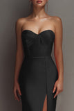 Black Satin Sheath Sweetheart Long Formal Dress with Slit