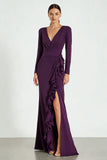 Plum Satin Ruffled V-Neck Long Sleeves Formal Dress with Slit