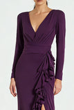 Plum Satin Ruffled V-Neck Long Sleeves Formal Dress with Slit