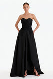 Floral Black Satin Long Sweetheart Formal Dress with Slit