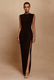 Sparkly Black Sheath Long Satin Formal Dress with Slit