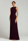 Burgundy Satin Crew Neck Sheath Maxi Formal Dress
