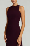 Burgundy Satin Crew Neck Sheath Maxi Formal Dress