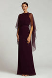 Burgundy Chiffon Sheath Crew Neck Long Formal Dress with Cape