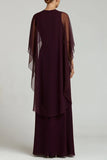 Burgundy Chiffon Sheath Crew Neck Long Formal Dress with Cape