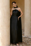 Black Satin Neck Scarf Strapless Maxi Formal Dress
