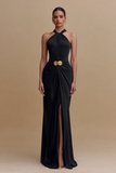 Black Satin Halter Neck Ruched Sheath Maxi Formal Dress with Slit