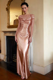 Champagne Satin Cold Shoulder Sheath Long Formal Dress