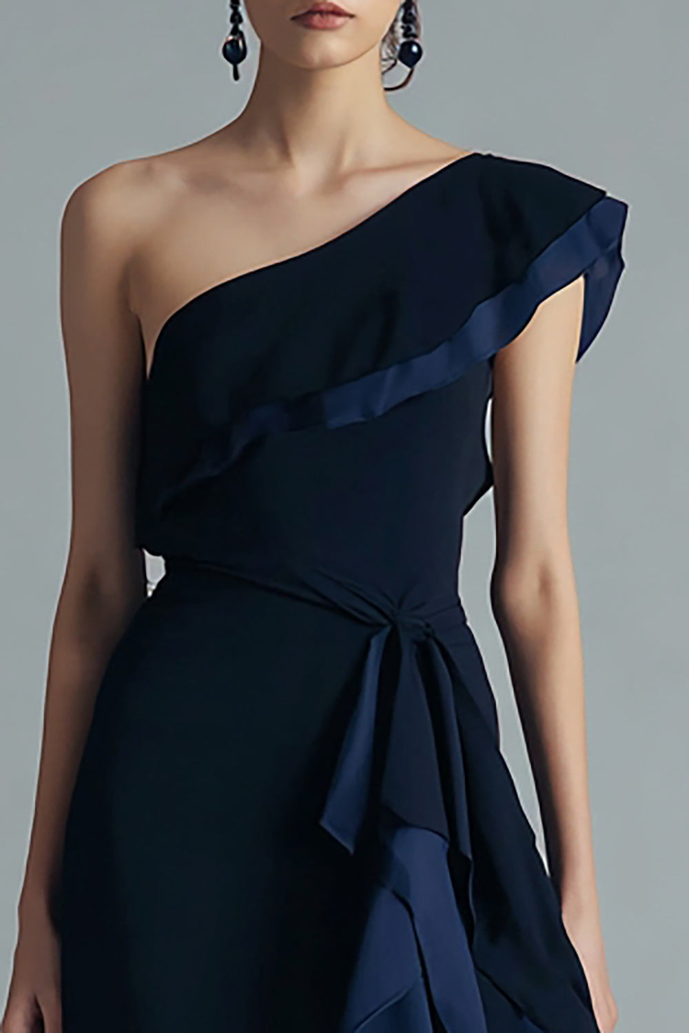 Leely Women Black and Navy Chiffon Asymmetrical Formal Dress with Slit