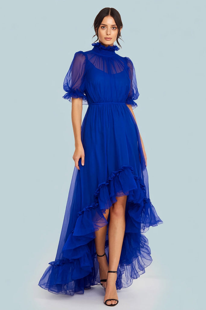 Leely Women Royal Blue Tulle Formal Dress with Sleeves High Neck A Line