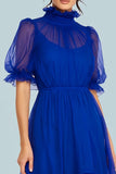 Royal Blue Tulle High Neck High Low Formal Dress with Ruffles