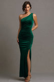 Dark Green One Shoulder Mermaid Long Formal Dress with Slit