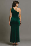 Dark Green One Shoulder Mermaid Long Formal Dress with Slit