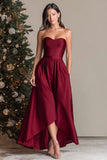 Burgundy Satin Strapless Asymmetrical A Line Formal Dress