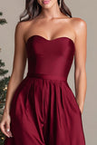 Burgundy Satin Strapless Asymmetrical A Line Formal Dress