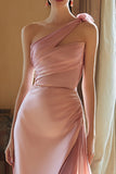 Pink One Shoulder Satin Sheath Long Formal Dress