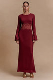 Burgundy Jewel Neck Satin Long Sleeves Formal Dress with Lace