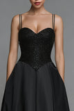 Sparkly Black Spaghetti Straps Satin Long Formal Dress with Sequins