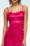 Fuchsia Spaghetti Straps Asymmetrical Formal Dress with Ruffles